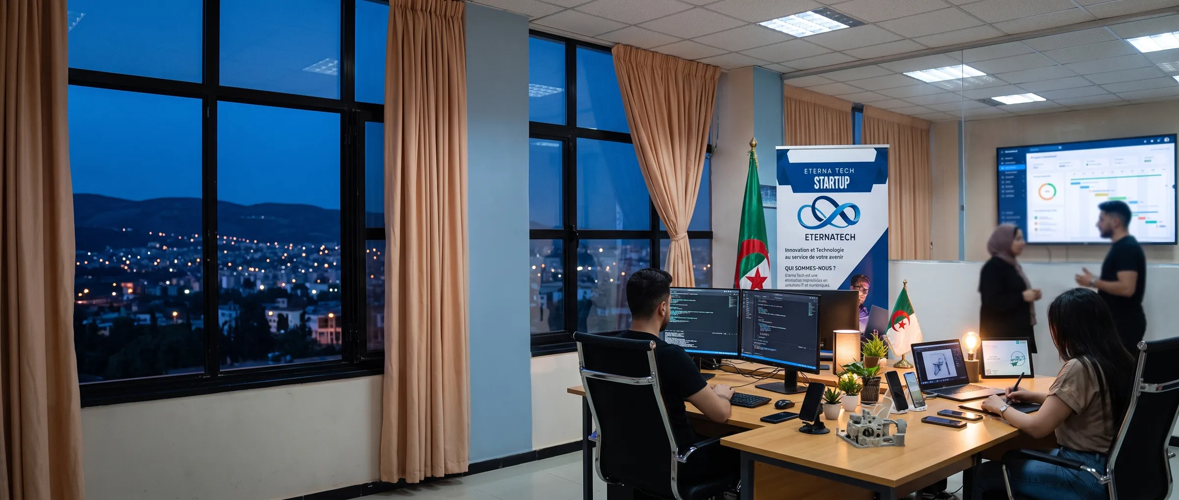 L'équipe d'Eterna Tech au travail dans ses bureaux de Tlemcen, à la tombée de la nuit
