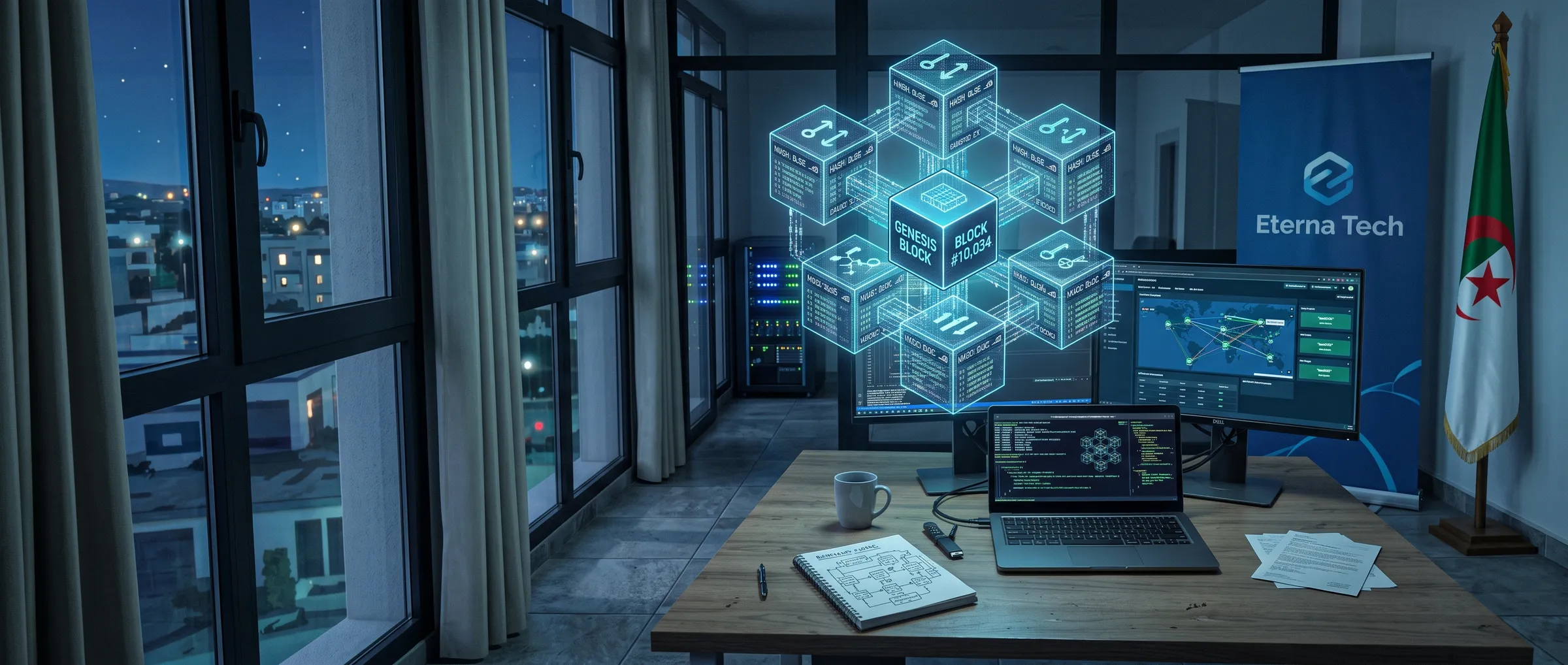 Poste de travail blockchain d'Eterna Tech la nuit : code de smart contract, supervision du réseau et chaîne de blocs