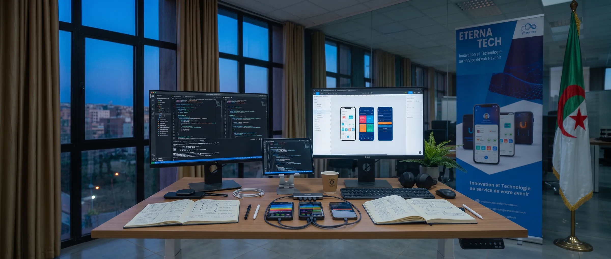 Un développeur d'Eterna Tech teste une application sur smartphone, maquettes des écrans sur la tablette et l'écran