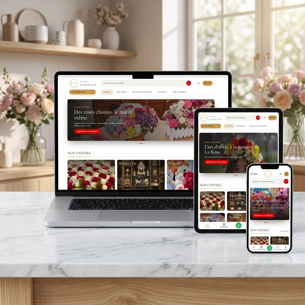 Le site La Rosa Fleuriste affiché sur un ordinateur portable, une tablette et un téléphone