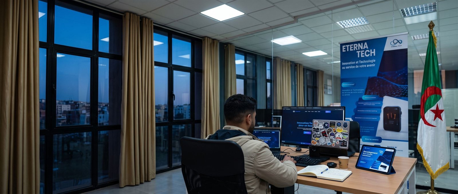 Les bureaux d'Eterna Tech à Tlemcen en fin de journée : un développeur travaille sur un site web, à côté du kakémono Eterna Tech et du drapeau algérien